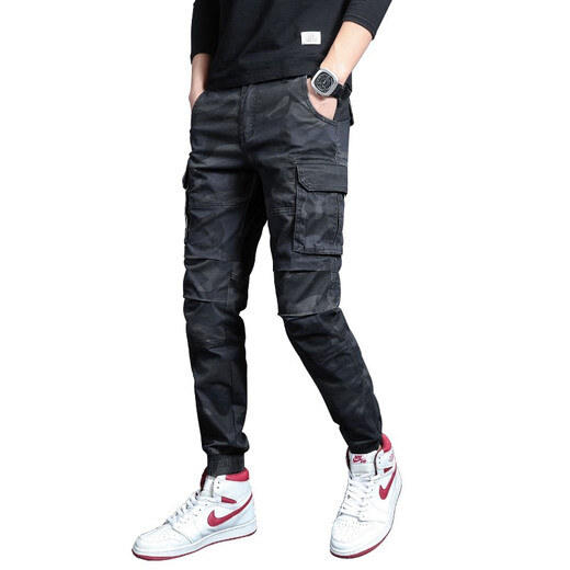 Gekochte Cui (Shucui) Frühlings- und Sommer-Herrenhose koreanische Style Trendy Marke Slim Casual Hosen für die trendige Persönlichkeit von Männern vielseitige Mehrfach-Tasten-Tarn-Tarn-Herren-modische Fußbindung Herrenhosen WJL-692e Größe 30 (Taillenumfang 2 Fuß 3)