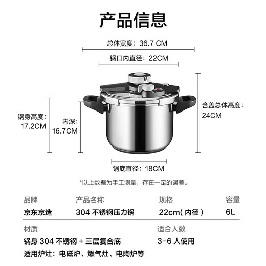 Jingdong Tokyo-made pressure cooker gas quick cooking explosion-proof 304 stainless steel 6L large capacity induction cooker universal double-ear pressure cooker 22CM