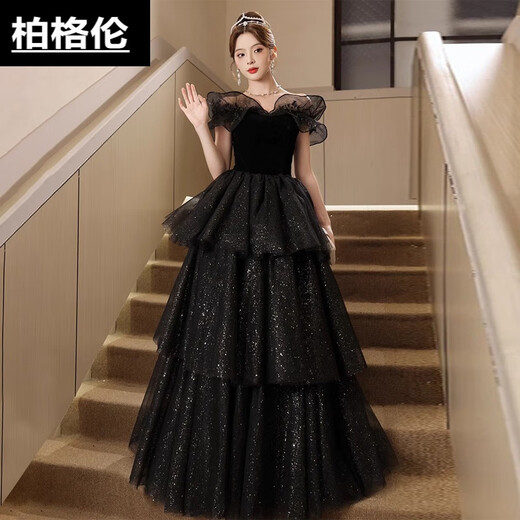Berggren black one-shoulder evening dress for women high-end light luxury niche adult ceremony tutu skirt dinner hosting skills test black S