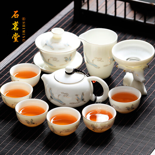 Shimingtang high-end mutton-fat jade tea set Dehua white porcelain home office gift for teachers holiday gifts friends holiday gifts all the way up 10 mutton-fat jade + teapot
