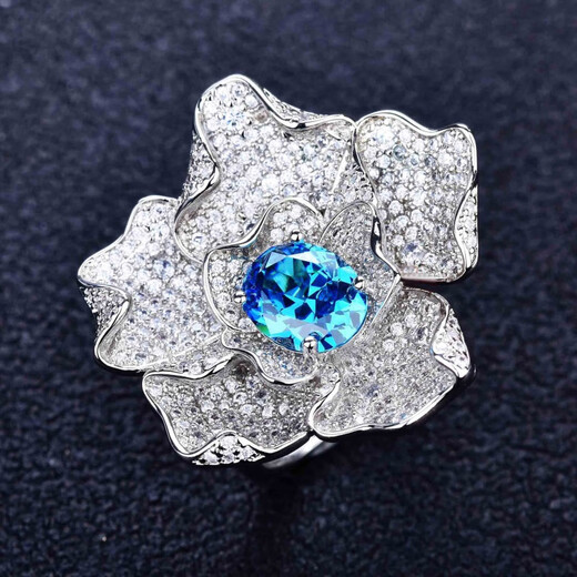 Fat Donglai's same style aquamarine ring customized full of diamonds Swiss blue topaz flower dove egg aquamarine zirconium