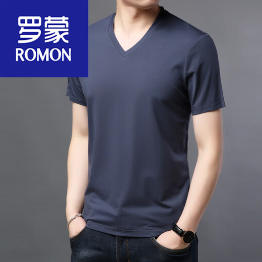 罗蒙（ROMON）夏季新款男士短袖t恤莫代尔纯色V领冰丝薄中青年休闲棉体恤衫上衣 9902宝蓝 175