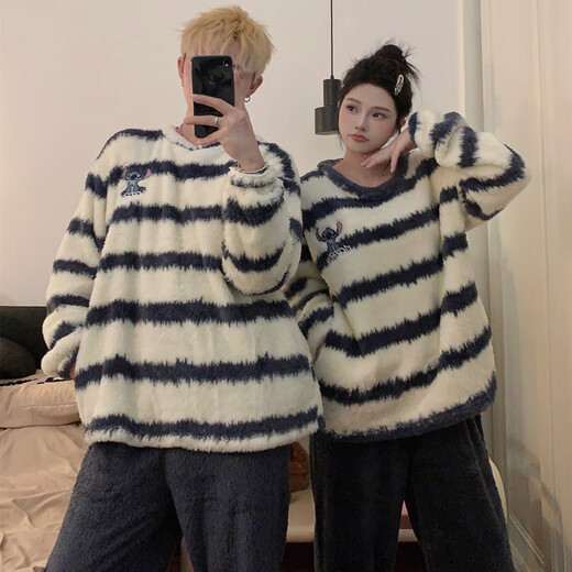 Mengdong Korean Stitch Cartoon Couple Pajamas for Men and Women Autumn and Winter Plus Velvet Thickened Striped Plush Home Clothes Two-piece Set TM#8920 Striped Stitch 2XL Men's Style (145-170 Jin Jin is equal to 0.5 kg)