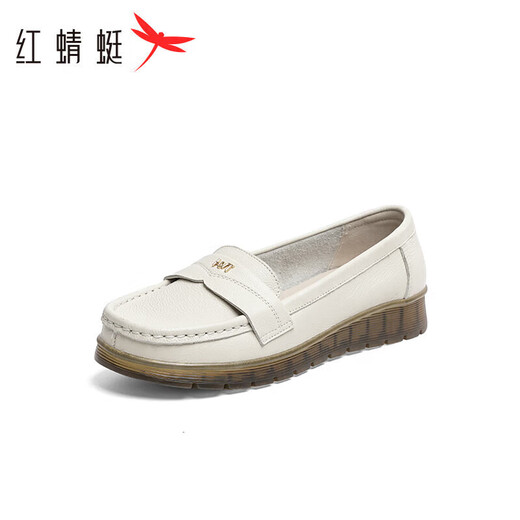 红蜻蜓闰月妈妈鞋一脚蹬中老年鞋软底女单鞋乐福鞋WTB24586 米色 38