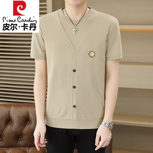 皮尔卡丹（pierre cardin）夏季冰丝针织假两件短袖T恤男韩版修身痞帅凉感薄款半袖体恤上衣 6626灰色 XL 125-140斤