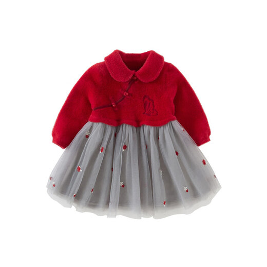 DAVE&BELLA Winter New Year Girls' Skirt Chinese Style Mesh Plush Skirt Imitation Mink Velvet Children's Sweater Dress Children's Skirt Red Ready in Stock 100 cm (recommended height 90-100cm)