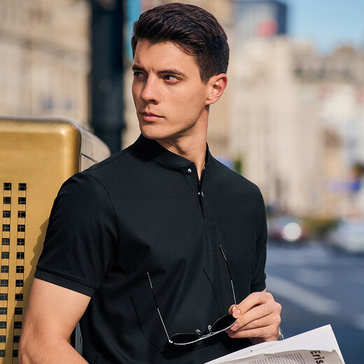 Mr. Cloth Fashion Stand Collar Pure Cotton Men's T-shirt Spring and Summer New Slim Black Short Sleeve Business Casual AT12023 Black 2XL (185)