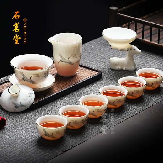 Shimingtang high-end mutton-fat jade tea set Dehua white porcelain home office gift for teachers holiday gifts friends holiday gifts all the way up 10 mutton-fat jade + teapot