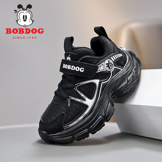 巴布豆（BOBDOG）童鞋网面透气男童运动鞋2025春新款皮面跑步鞋儿童鞋子男童老爹鞋 黑白(皮面) XT-K674 33 码 (内长21.0厘米)