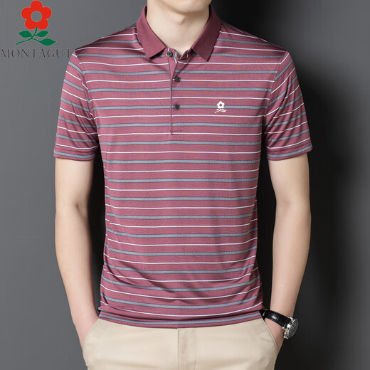 Mengtejiao Herrenbekleidung 100% Mulberry Seiden kurzärmeligte T-Shirt im Sommer Neuer Daddy-Anzug mittleren Alters im mittleren Alter gelegentlich gestreiftes Polo A7018-rot 165/m geeignet für 100-115jin [Jin gleich 0,5 kg]