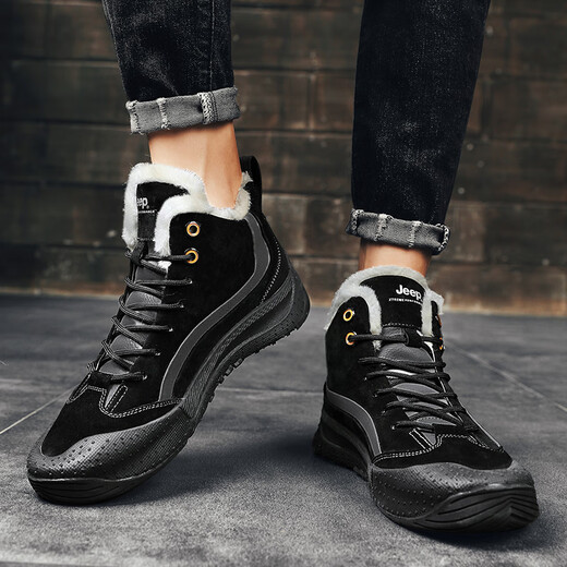 Jeep men's shoes 2025 new spring and autumn warm snow Martin boots outdoor workwear medium and high top casual shoes black 1289 (leather shoe size) 41