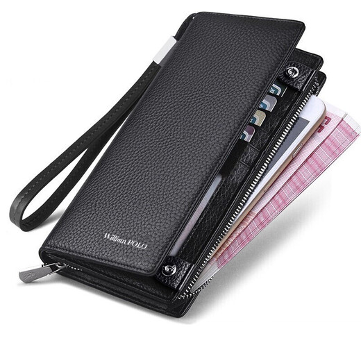 Williampolo King Paul Münzbriefbeutel Männer Langer Reißverschluss Echtes Leder Brieftasche große Kapazität Multi-Seife Mobile Handy kleine Handtasche Schwarzes Litschier Muster Englisch Standard 16 Karten inklusive Handband