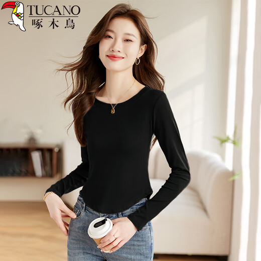 Woodpecker long-sleeved T-shirt bottoming shirt for women spring and autumn right shoulder round neck inner slim fit casual versatile top black L
