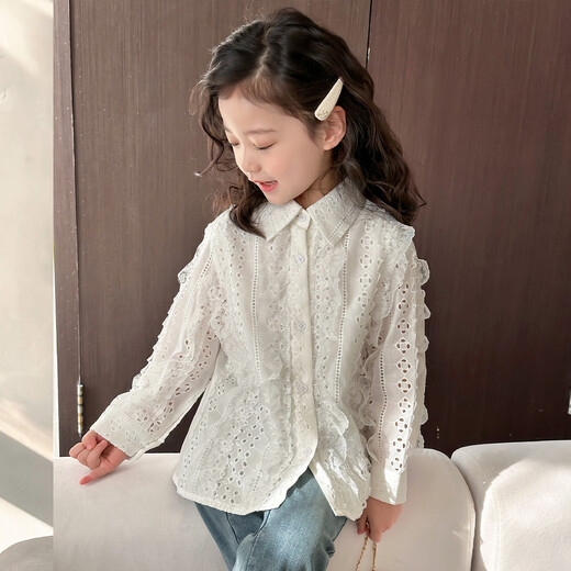 Tutu Little Elephant Girls White Shirt 2025 Autumn and Winter French Gentle Lace Shirt Sweet and Versatile Children's Top New Children's Clothing Beige 160