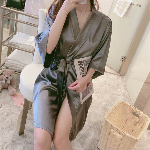 梦园朵睡衣女夏季冰薄浴衣睡袍系带睡性感女士短春秋网红家居服 9896香槟 睡袍 M码(85-100斤)