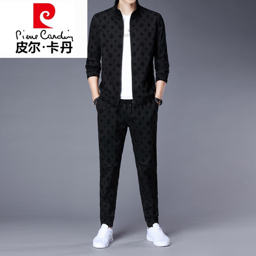 皮尔卡丹（pierre cardin）高档品牌运动套装男士夹克外套搭配秋季新款潮流帅气休闲黑色一套 6629黑色套装 L 【111-125斤】