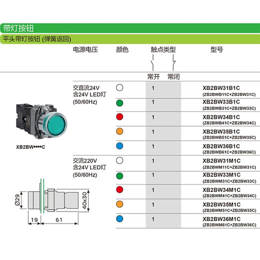 Original Schneider XB2BW illuminated button self-reset start stop switch color red yellow blue green white contact ZB2BE101 normally open 102 normally closed XB2-BW33M1C green 1 normally open 220VAC