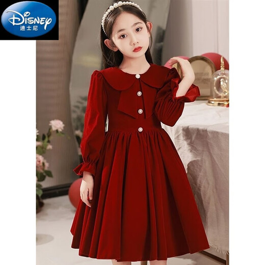 Disney (Disney) girls' dress high-end autumn and winter children's red princess dress flower girl wedding little girl piano performance dress tutu skirt red plus velvet size 130 recommended 120 cm