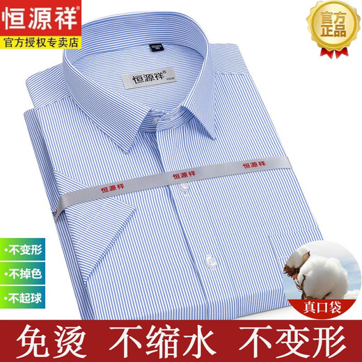 恒源祥[200支DP免烫]纯棉白衬衫男长短袖2024春夏季衬衣 短DX6623细宽纹 蓝色 42 【建议155-165斤】