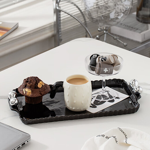 Turandot Dynasty Cream Style Ceramic Water Cup Tea Set Household Set Teacup Teapot Light Luxury Living Room New Marriage Moving-in Gift Cactus 9-piece Set with Free Spoon (Black Long Plate)