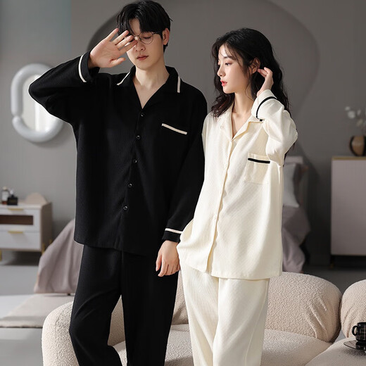 猫人新疆棉情侣加大码长袖胖mm开衫黑白睡衣女男友外穿斤翻领家居服秋 KMN-6210# XL 男款