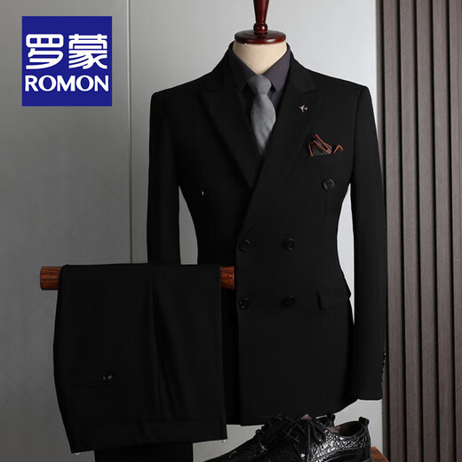 ROMON suit men's British style double-breasted business casual suit three-piece suit groom wedding dress small suit men black three-piece suit (suit+vest+trousers) 50/L size free brooch+pocket square