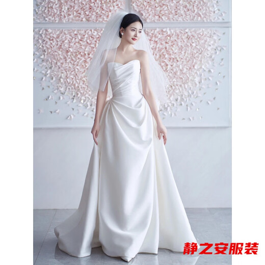 
Mafeixuan French satin light wedding dress new style bride simple strapless tiara small tail white welcome dress white wedding dress + butterfly S 160