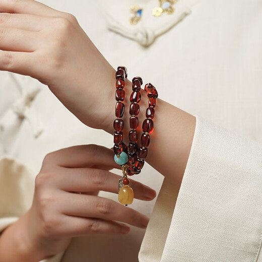 Potala Palace Blood Amber Bracelet Amber Southern Red Pixiu Carved Hetian Jade Transfer Bead Beeswax Bracelet Women's Birthday Gift Blood Amber Amazonite Multi-circle Bracelet