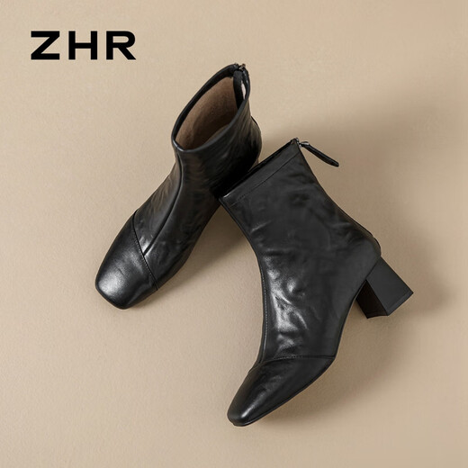 
ZHR top layer cowhide women's boots retro pleated thick heel short boots for women autumn and winter versatile boots for women S529 noble black 37