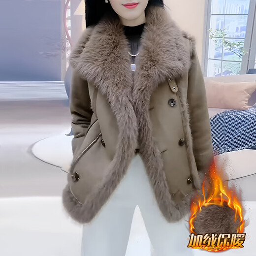 皮尔卡丹皮毛一体时尚休闲加绒加厚保暖外套女气质显瘦上衣2025秋冬新款 咖啡色 卡码拍小，不要拍大 3XL [建议146-160斤]
