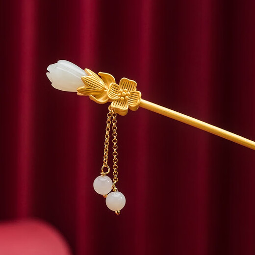 Kamalon hairpin for women, ancient style, step-shaking silver hairpin, high-end updo, high-end headwear, cheongsam, Hanfu, Chinese style gold hairpin, tassels, Hotan jade hairpin - step-shaking, spring (gold)