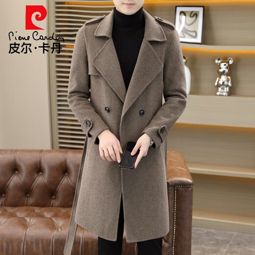 Pierre Cardin woolen woolen coat for men spring and autumn new high-end mid-length double-sided coat Korean style double-breasted woolen windbreaker 21006 Brown XL 180