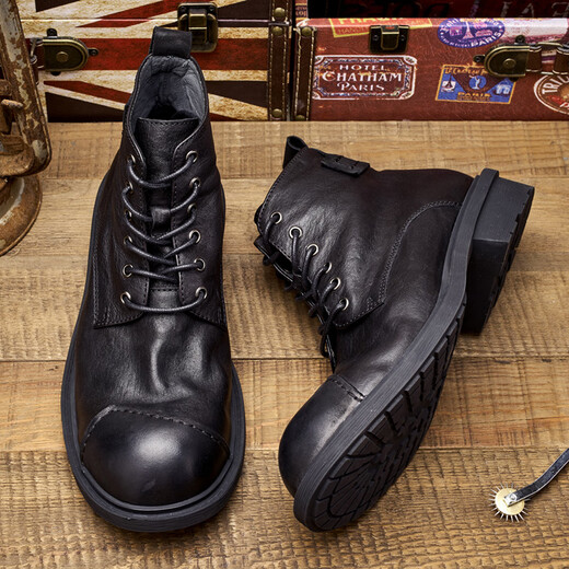 Lingbu Big Head Martin Boots Männer echte Leder Retro Männer Boots Männer Lederschuhe High Top Trendy Short Stiefel Japanische Patch Arbeiten Männer schwarz 41