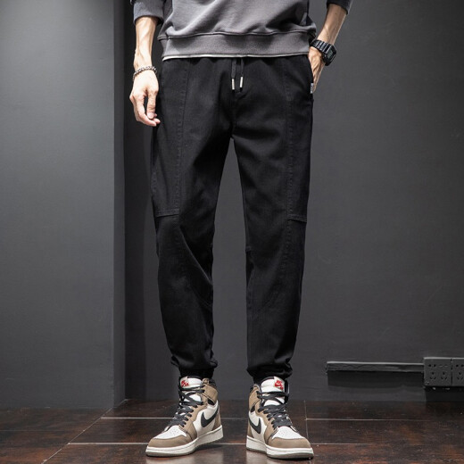 CHARLUOEL casual pants men's 2025 spring and autumn trendy brand loose pants men's work clothes harem pants nine-point men's pants tying feet trousers 998 black XL