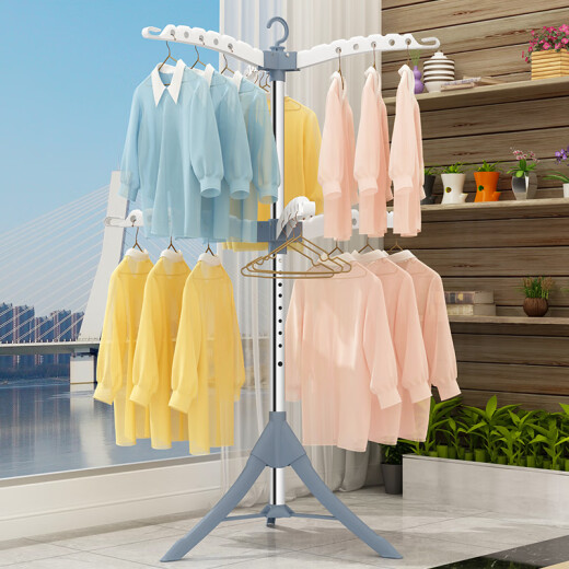 Stainless steel clothes drying rack, floor-standing foldable clothes drying rack, floor-standing bedroom balcony clothes drying rack, stainless steel clothes drying rack, telescopic household clothes drying rod [black and white] stainless steel - installation-free folding - three-fin windproof - can be lifted and lowered