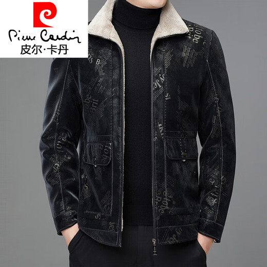 
Pierre cardin 2023 new leather down jacket men's short autumn and winter thickened imitation leather plus velvet stand collar leather jacket fur collar jacket 15827 black M 170