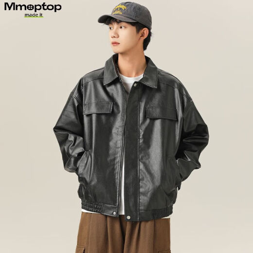 MMOPTOP潮牌美式鳄鱼纹PU皮衣外套男士春秋季翻领机车夹克YH26 黑色 L