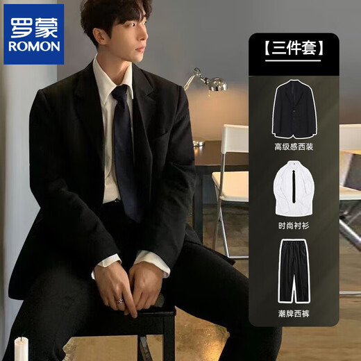 ROMON Korean-style suit jacket for men, high-end college student interview formal loose casual handsome suit three-piece black three-piece suit (suit + shirt + trousers) L 110-125 Jin Jin equals 0.5 kg