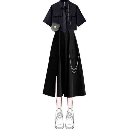 GTYUWVG夏天女士连衣夏季春季新款2024甜酷套装女学生韩版宽松设计感 黑衬衫+白不规则子 1389# XS  建议80斤以下