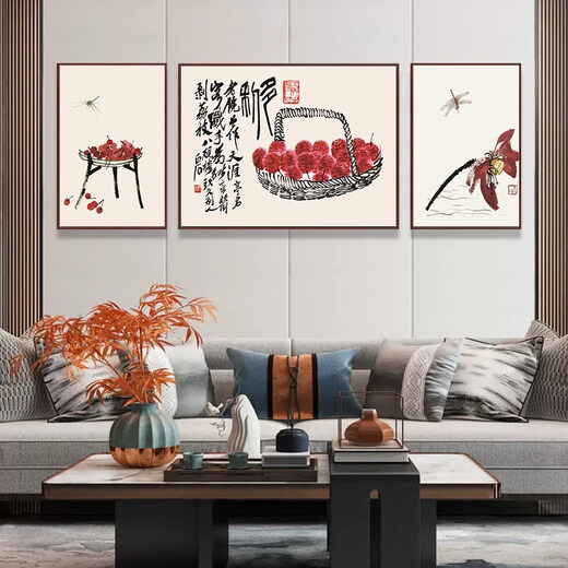 Qi white graphite shrimp new Chinese style decorative painting living room sofa background wall painting ink Chinese style restaurant study hanging painting 23 ink shrimp 3 horizontal version 70*100 simple black frame + canvas