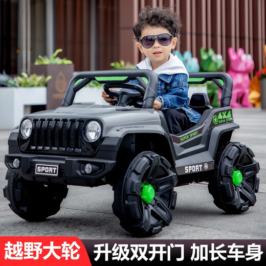 有喜娃儿童电动车男孩四轮越野汽车小孩宝宝玩具电瓶车可坐人带遥控童车 军绿12V双驱-早教-遥控摇摆皮座