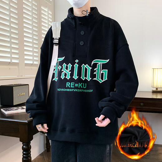 Boledi autumn and winter 12-15-year-old junior high school boy plus velvet thickened sweatshirt 16 teenagers big children's base shirt top MQ-9793 black (with velvet thickened) high quality 170 XL (recommended 110-130Jin [Jin equals 0.5 kg])