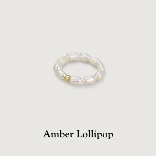 Amber Lollipop Freshwater Millet Bead Ring Women's Versatile Temperament High-end Index Finger Anniversary Birthday Gift for Girlfriend and Wife White (Freshwater Pearl)