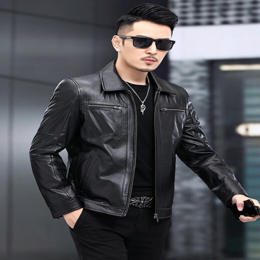 Playboy (PLAYBOY) Genuine Leather Jacket Men's Short Loose Large Pier Layer Calfskin Lapel Autumn and Winter Business Motorcycle Leather Jacket Black Single Style XL