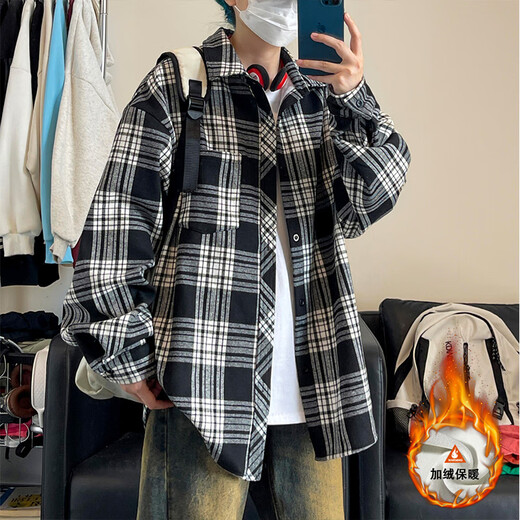 Xuanfanduo Plus Velvet verdickte langärmelige Hemd für Männer im Herbst und Winter New American Retro Trendy Hemd Vielseitige Large-Size-Jacke C9734 Red Grid M empfohlen 90-110jin [Jin gleich 0,5 kg]