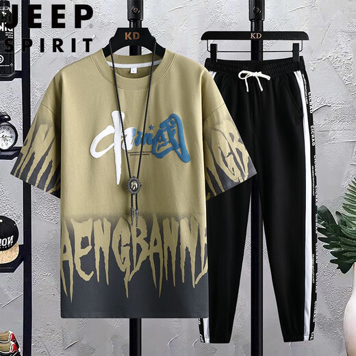 JEEP SPIRIT Summer Teen Short Sleeve T-shirt Men 2025 New Style Boys Fashion Handsome High School Junior High School Student Sports Set 683 Black (Single Short Sleeve) 2XL