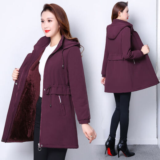 Women's velvet windbreaker 2020 new winter Korean style coat mid-length cotton coat plus velvet warm jacket purple L80-100Jin [Jin equals 0.5 kg]