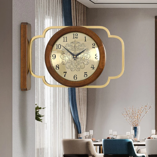 Moyang doppelseitige Wanduhr Zweiseitige Uhr Home Wohnzimmer Amerikanisches Solid Wood Restaurant Hanging Watch Moderne einfache Uhr Hängende Wand 9196 Walnuss-Double-Seite Viewing