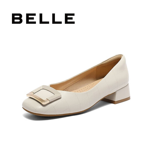 Belle Square Button High Heels Fraueneinkaufszentrum gleiche Style Schaffell Leichtmund Single Schuhe Z8B1DCQ3 Beige 36