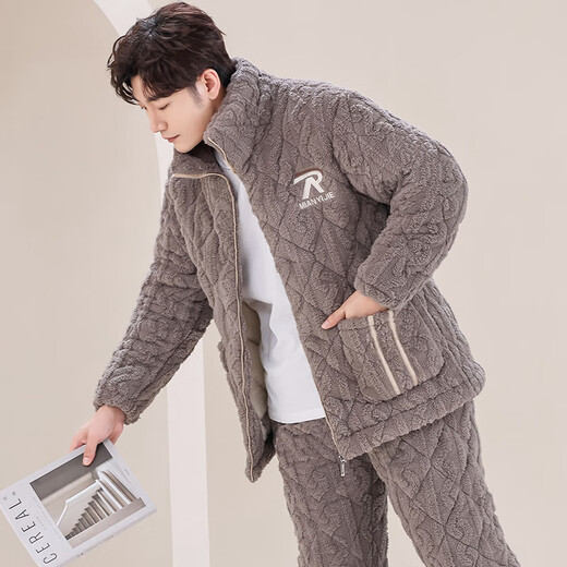 MODAL-Herren-Pyjamas im Winter Dreischicht verdickte Baumwolljacke Flansch Korallen Samt Hauskleidung warmes Set dunkelbrauner M6627 L [95-120jin [Jin gleich 0,5 kg]] Dreischichtig eingedickte verdickte